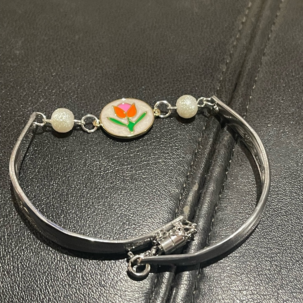 Silver and Red Floral Charm Bracelet